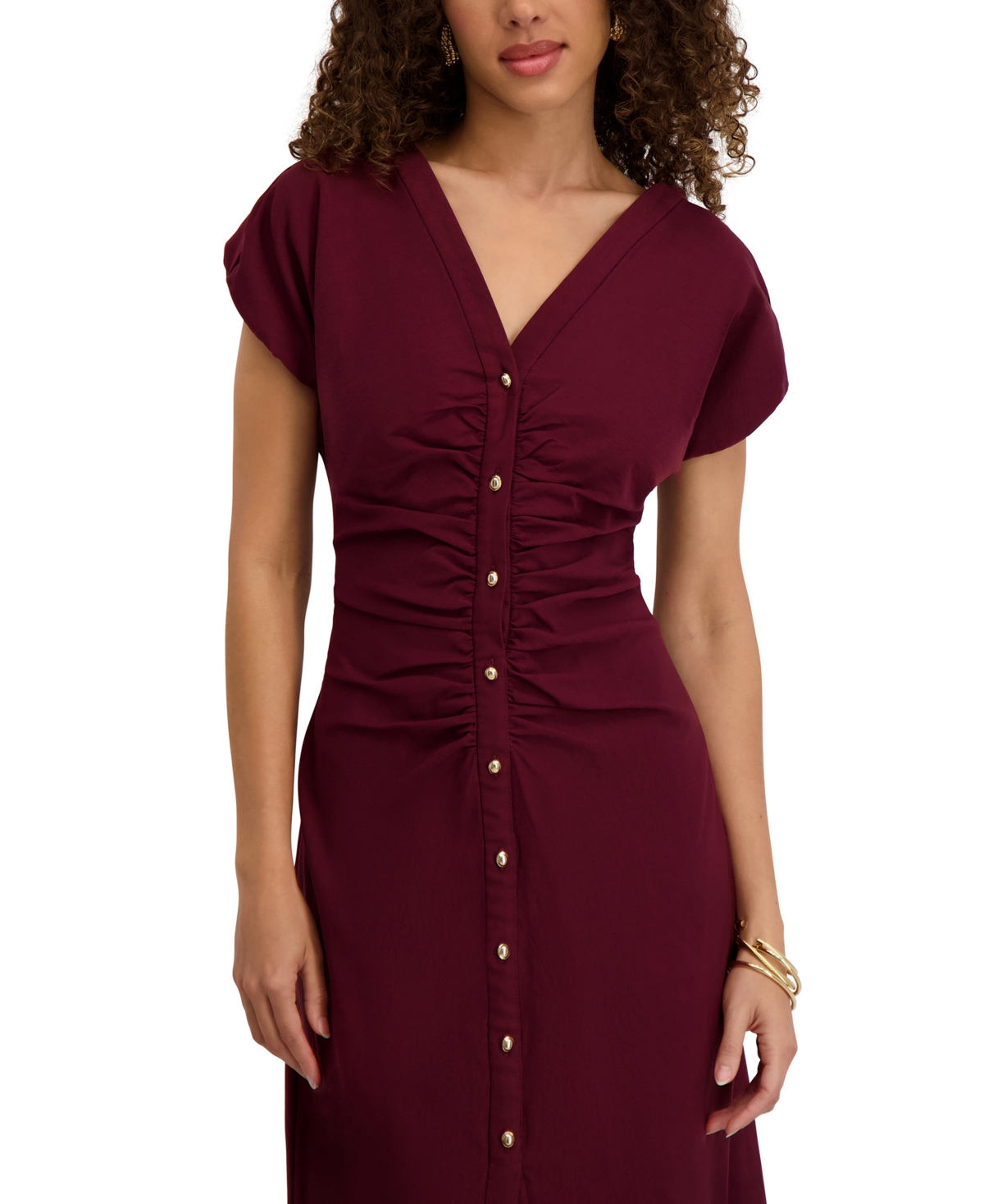 Kensie Women's V-Neck Short-Sleeve Midi Shirt Dress