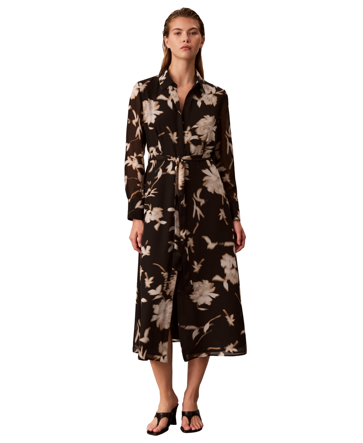 Calvin Klein Women's Long-Sleeve Floral-Print Midi Dress - Black Multi