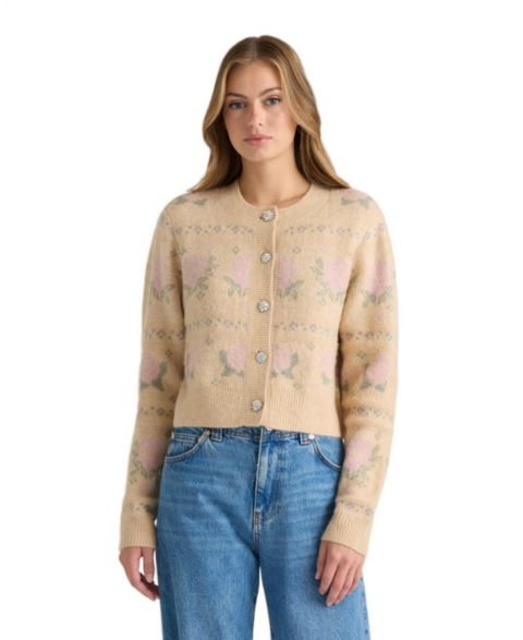 Женский кардиган NVLT Floral-Print Cropped Crewneck, цвет: Кремовый