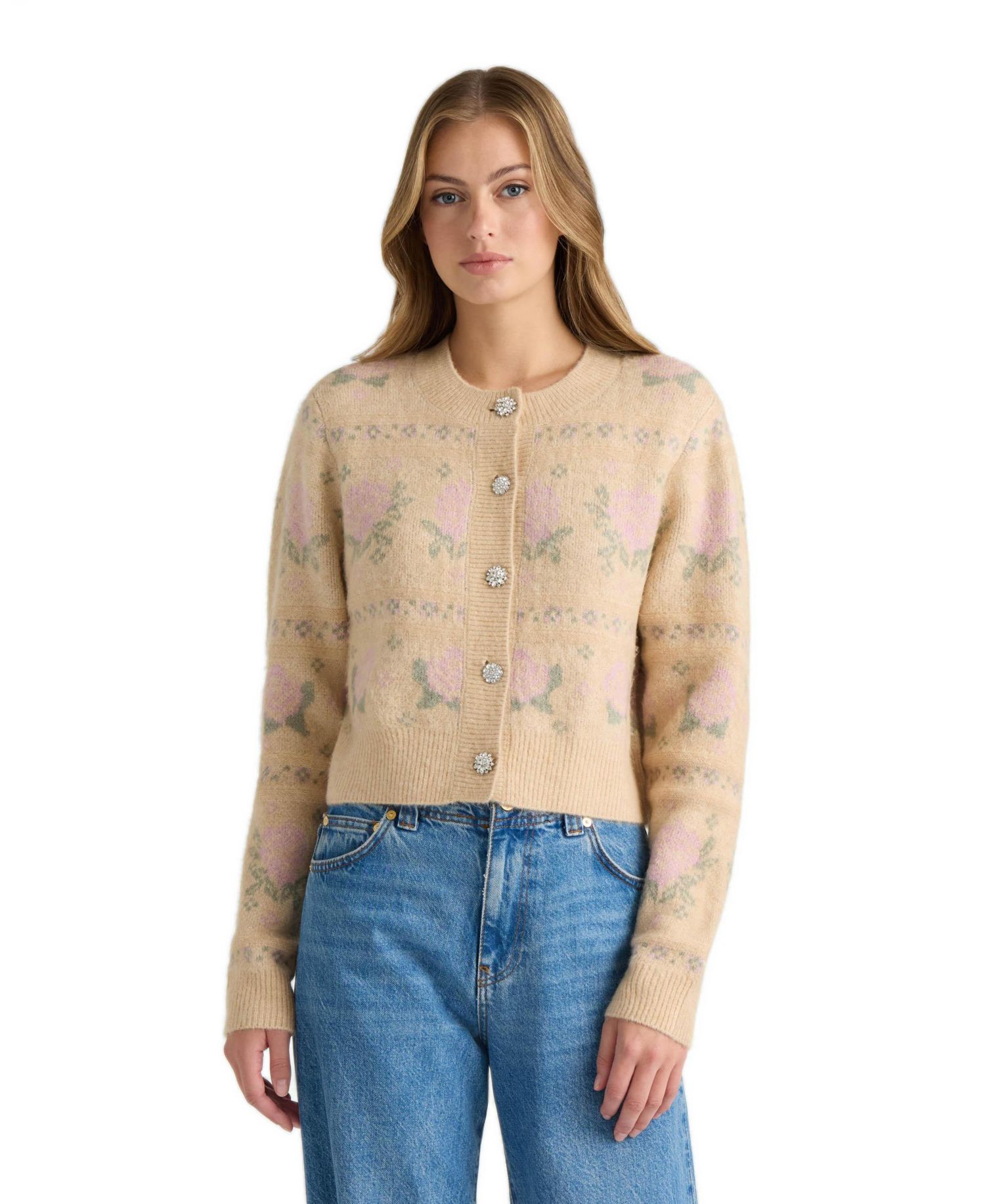 Women's Floral-Print Cropped Crewneck Cardigan