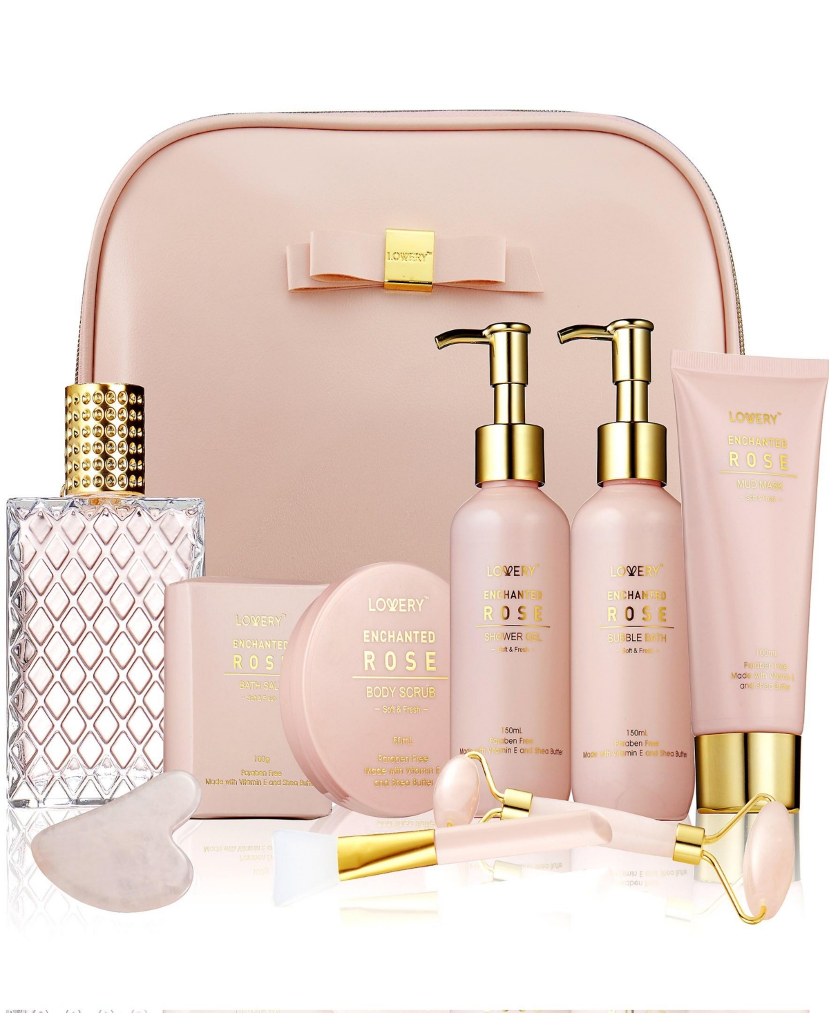 Lovery Luxury Enchanted Rose Bath and Body Care Beauty Kit with Cosmetic Bag, Jade Roller and More, 11pc Home Spa Gift Set - Pink