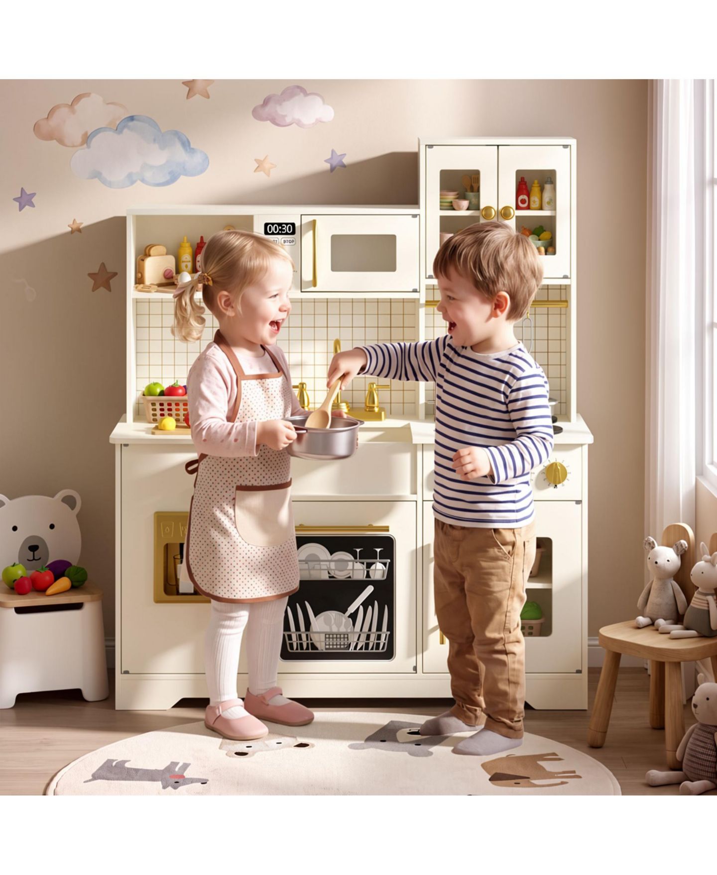Детские игрушки Kinder King Kids Play Kitchen, Wooden Toy Kitchen Playset for Toddler, Pretend Oven, Microwave, Kitchen Sets for Age 3+, цвет: Бежевый / Хаки — фото 3