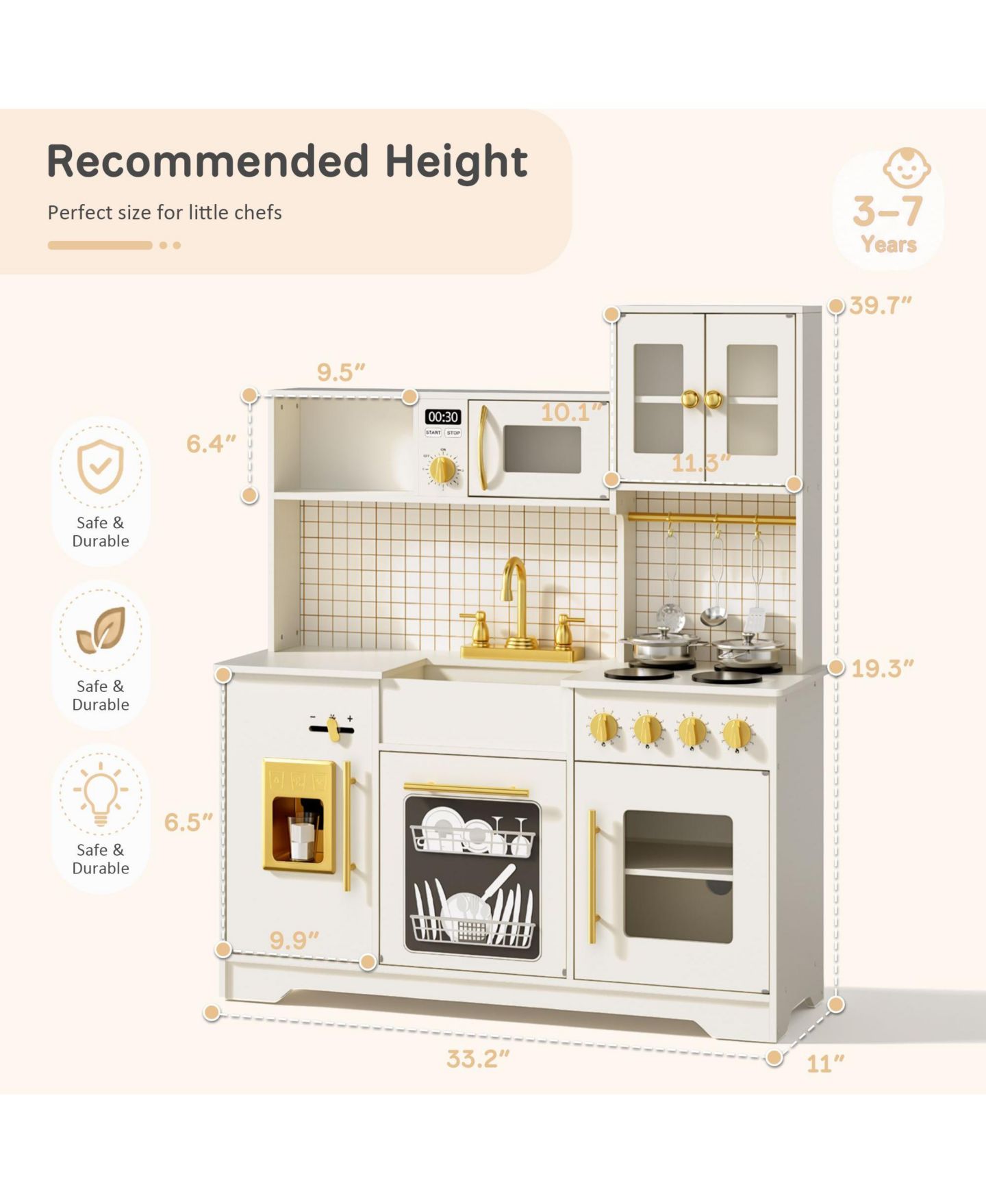 Детские игрушки Kinder King Kids Play Kitchen, Wooden Toy Kitchen Playset for Toddler, Pretend Oven, Microwave, Kitchen Sets for Age 3+, цвет: Бежевый / Хаки — фото 9