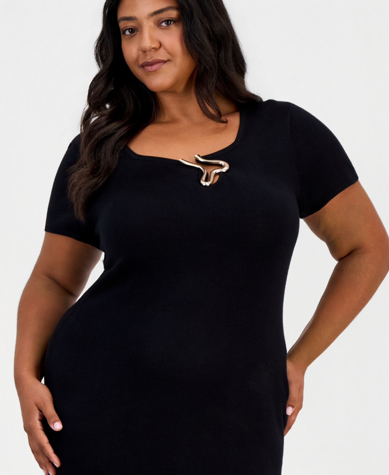 Plus Size Square Neck Short-Sleeve Hardware-Detail Midi Dress