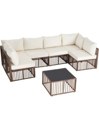 7-Piece Outdoor Patio Furniture Set – PE Rattan Sectional Sofa with Cushions and Coffee Table, All-Weather Wicker, Removable Covers