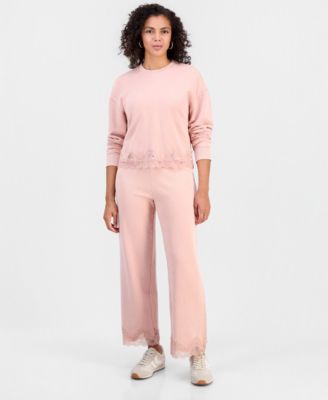 Women's High-Rise Fleece Lace-Trim Lounge Pants