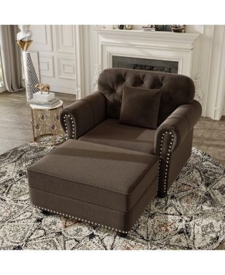 Velvet Accent Chair with Ottoman, Tufted Nailhead Rolled Arms, Pillow