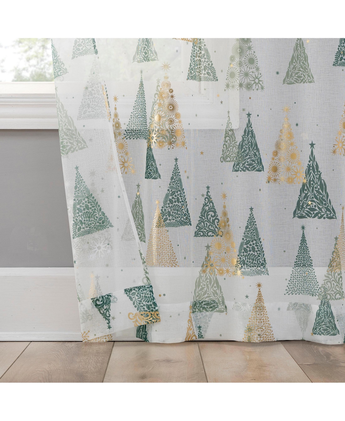 No. 918 Balsam Christmas Tree Metallic Sheer Rod Pocket Curtain Panel Pair