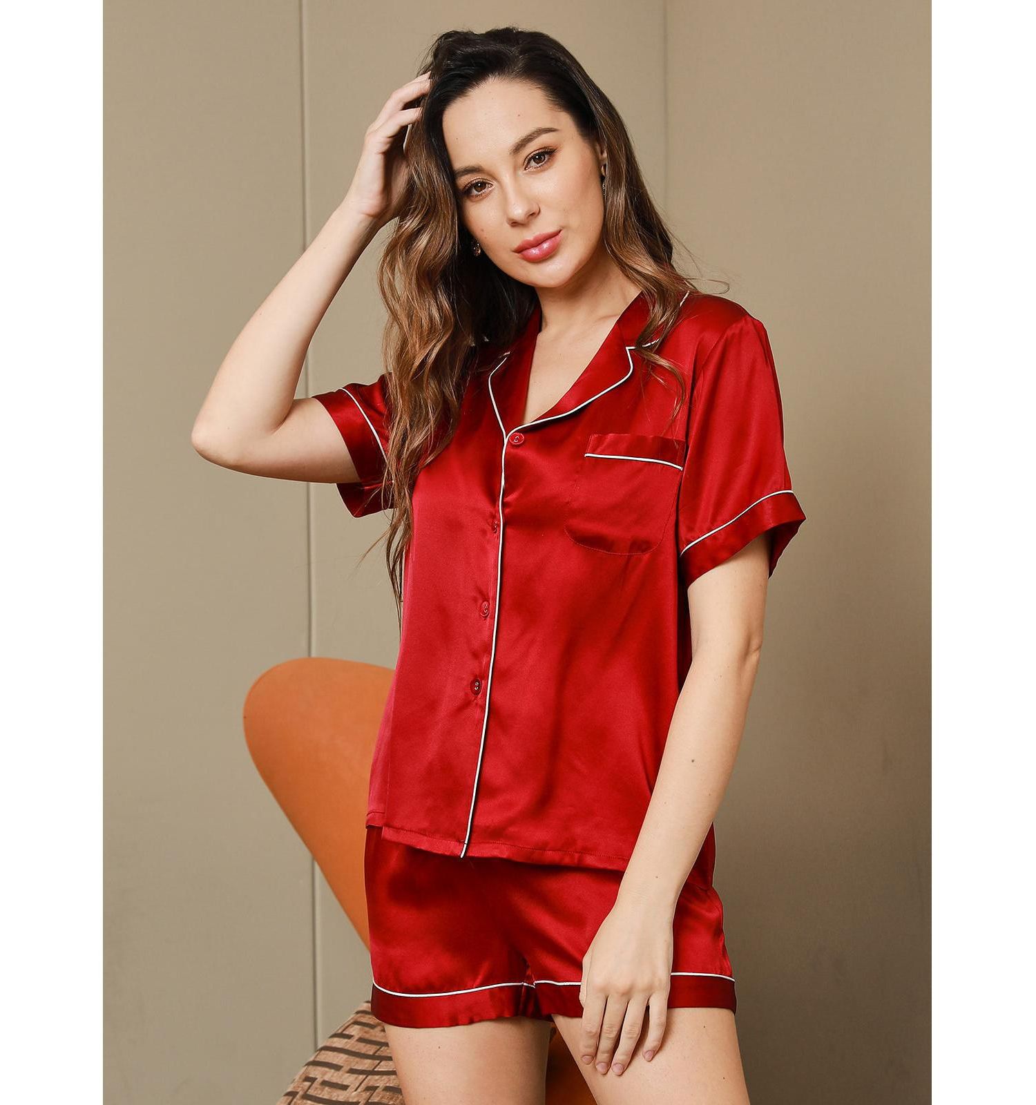 Women's Silk Piping-Trim Top and Shorts Set