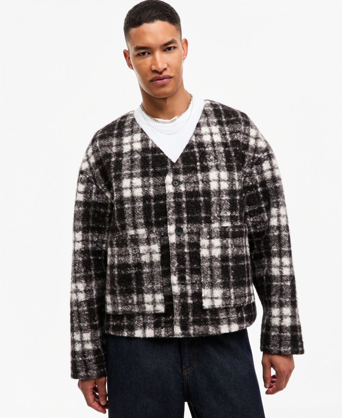 Mode of One Men's Knit Plaid V-Neck Cardigan, Macy's Exclusive - Deep Blk C