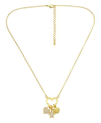 14k Gold-Plated Over Brass Heart Shaped Charm Holder with Heart, Turtle and Clamshell Charm Necklaces
