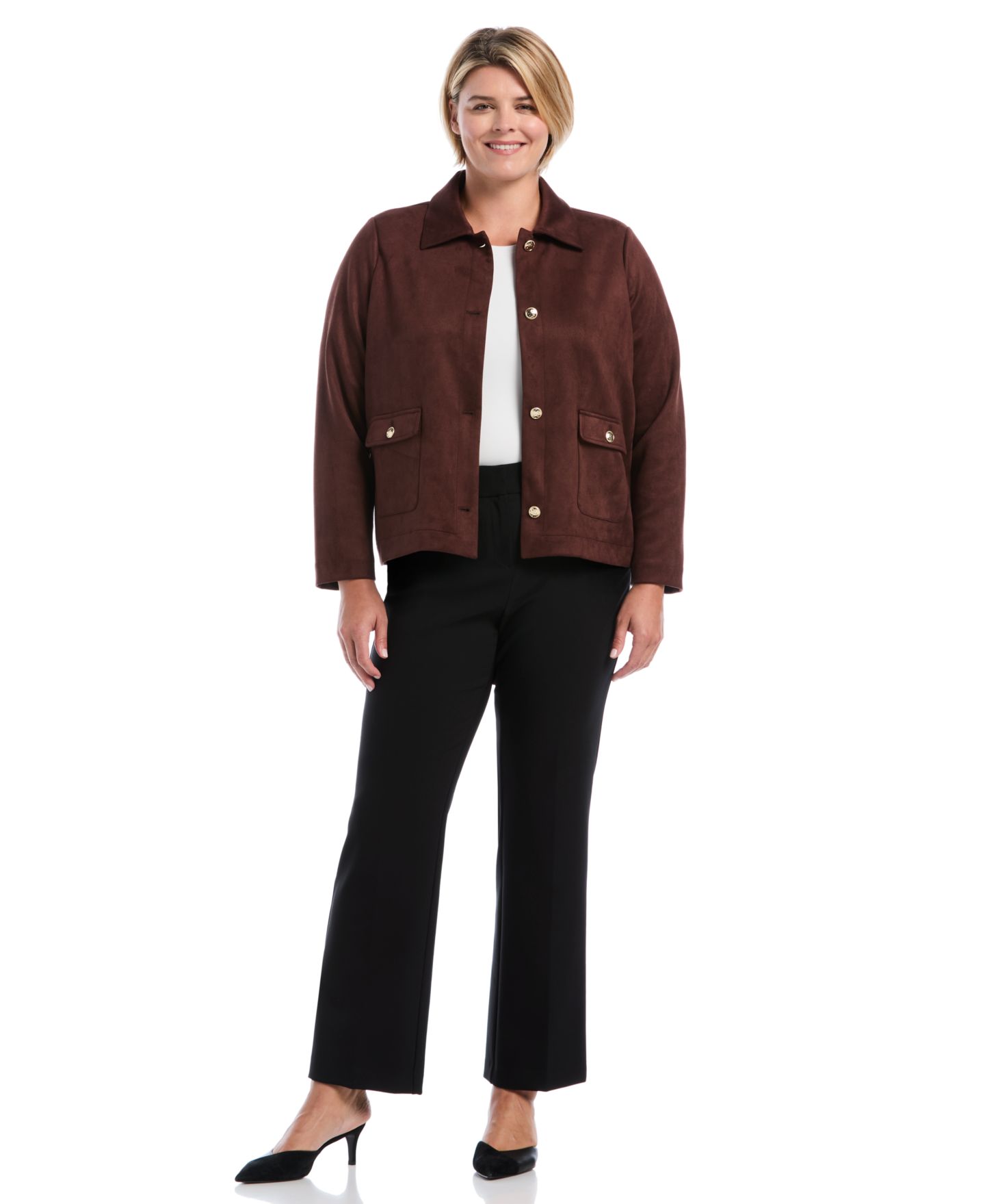 Женская куртка Rafaella Plus Size Scuba-Suede Patch-Pocket Work, цвет: Коричневый — фото 2