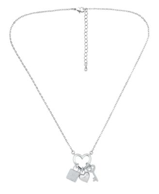 Fine Silver-Plated Over Brass Heart Shape Charm Holder with Heart, Key and Lock Charms Necklace