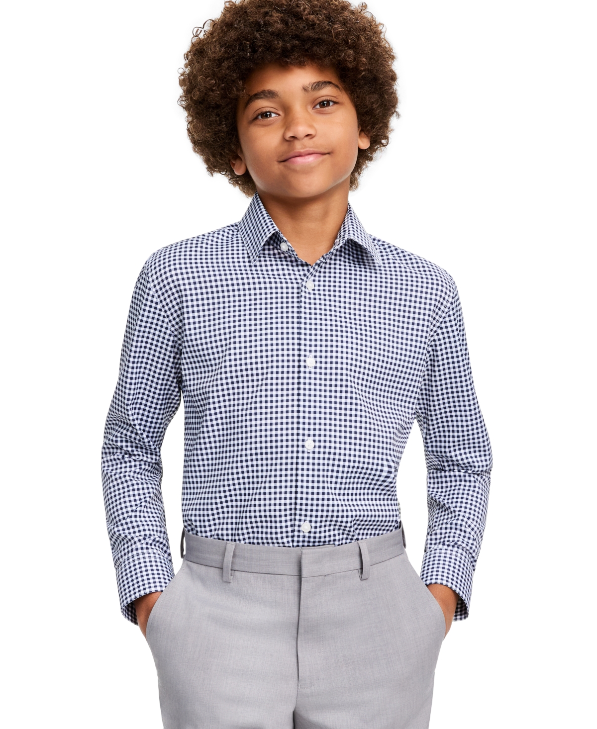 Michael Kors Boys' 4-20 Gingham Long Sleeve Spread Collar Shirt