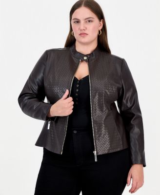 Plus Size Faux Leather Basketweave Moto Jacket