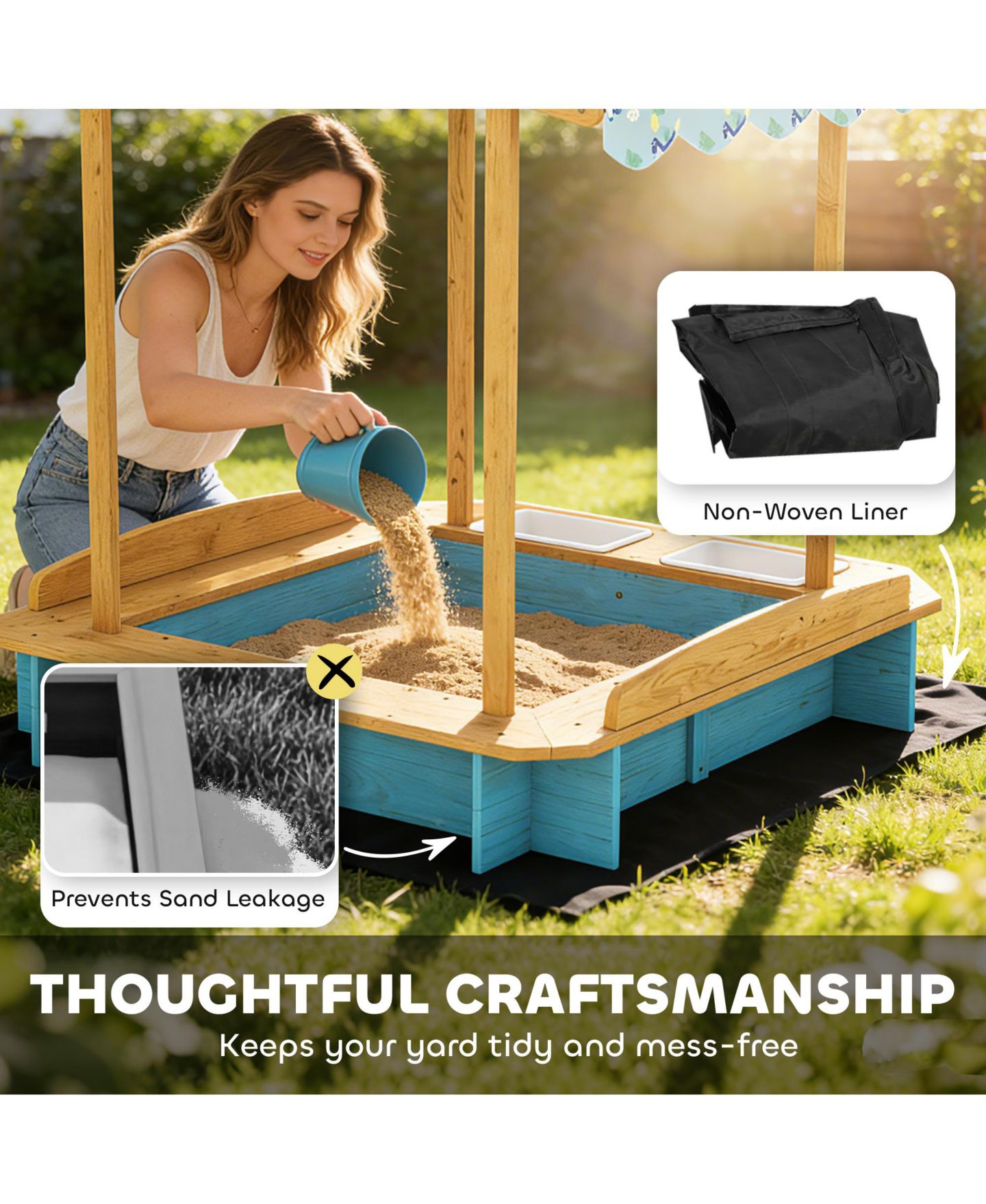 Детская игрушка Qaba Wooden Sandbox with Seating for Six & Dinosaur-Print Canopy, Storage, 440 lbs. Capacity, Ages 3-6, цвет: Синий — фото 7