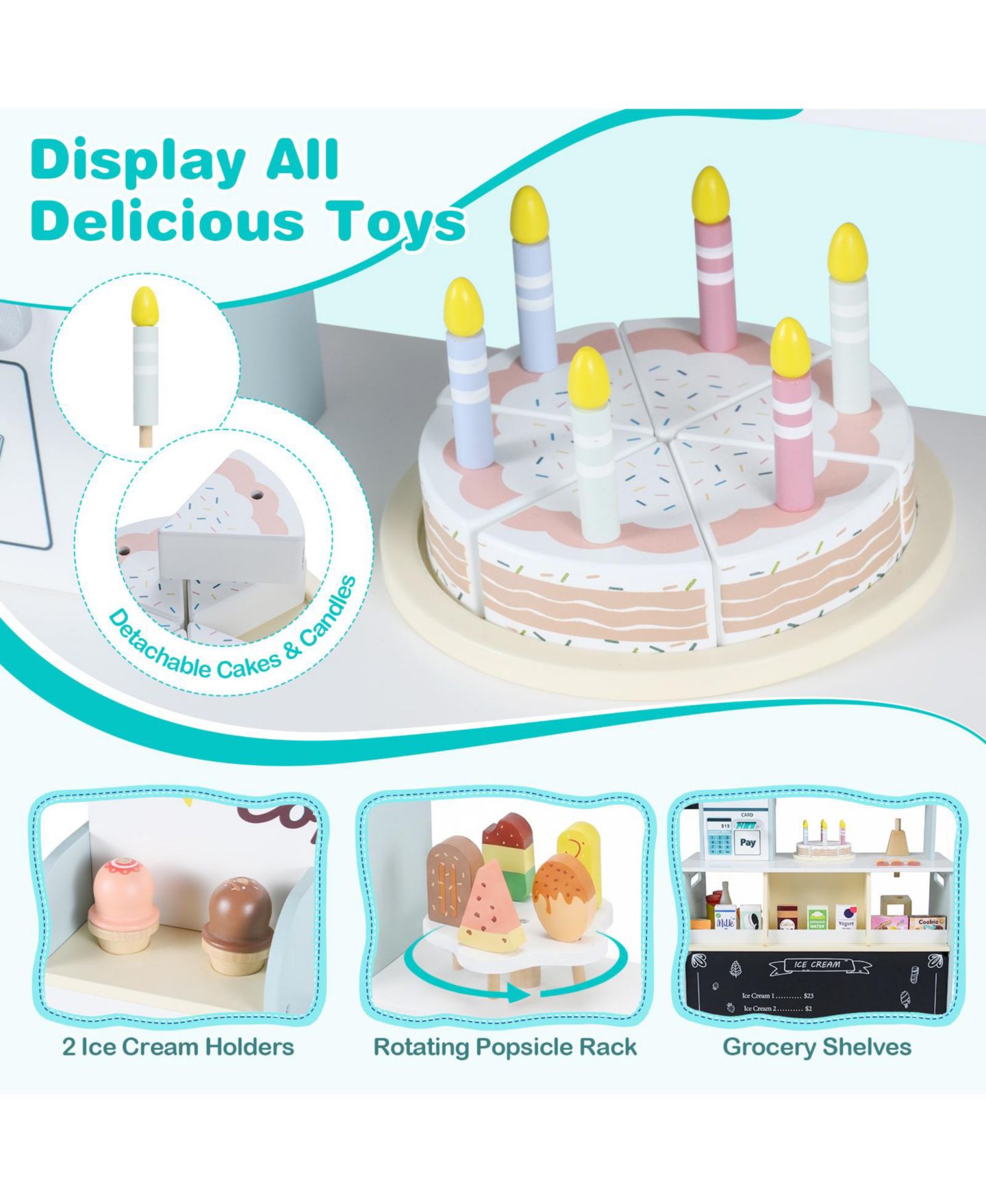 Детский игровой набор Gymax Ice Cream Shop Wooden 27-Piece Playset, Ages 3+, цвет: Синий — фото 7
