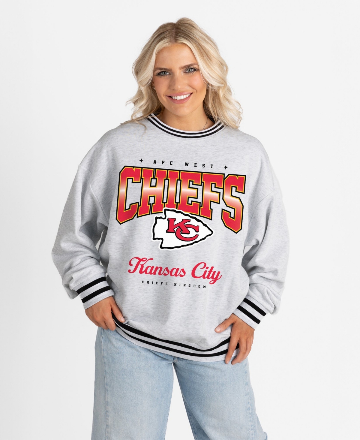 Gameday Couture Women's Kansas City Chiefs Gridiron Drive Ringer Stripe Oversized Crewneck Sweatshirt