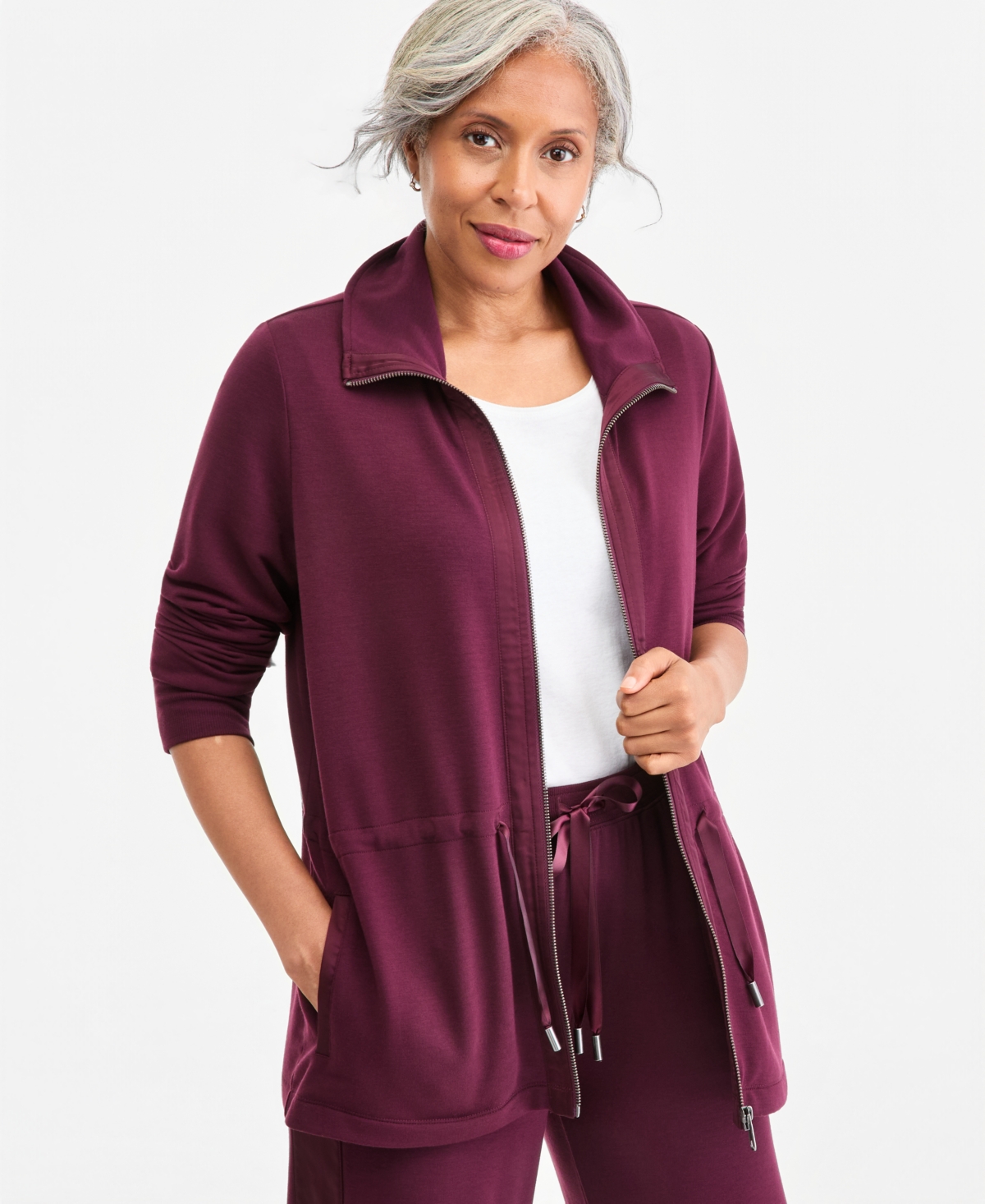 Style & Co Plus LuxLounge French Terry Zip-Up Satin-Trim Jacket, Macy's Exclusive