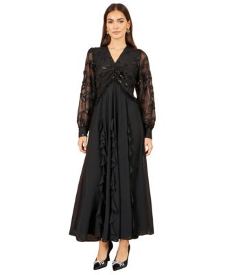 Women's Long-Sleeve V-Neck Sequin Maxi Dress