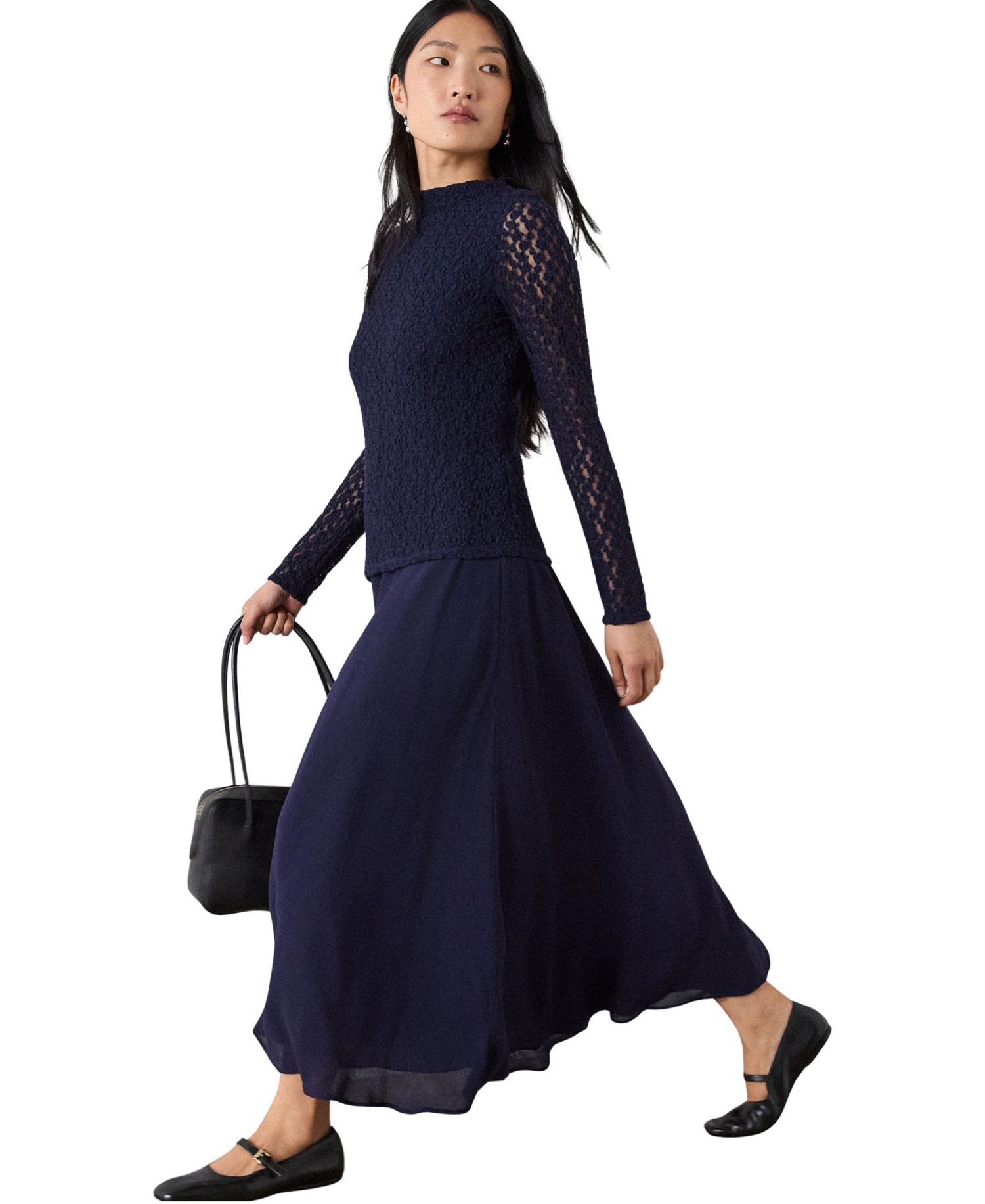 Women's Drop Waist Long-Sleeve Lace Midi Dress