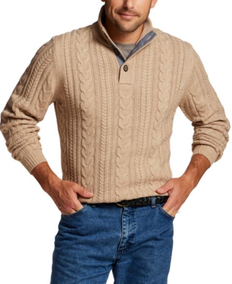 Мужской свитер Weatherproof Vintage Cable-Knit Mock-Neck Quarter-Button, цвет: Бежевый