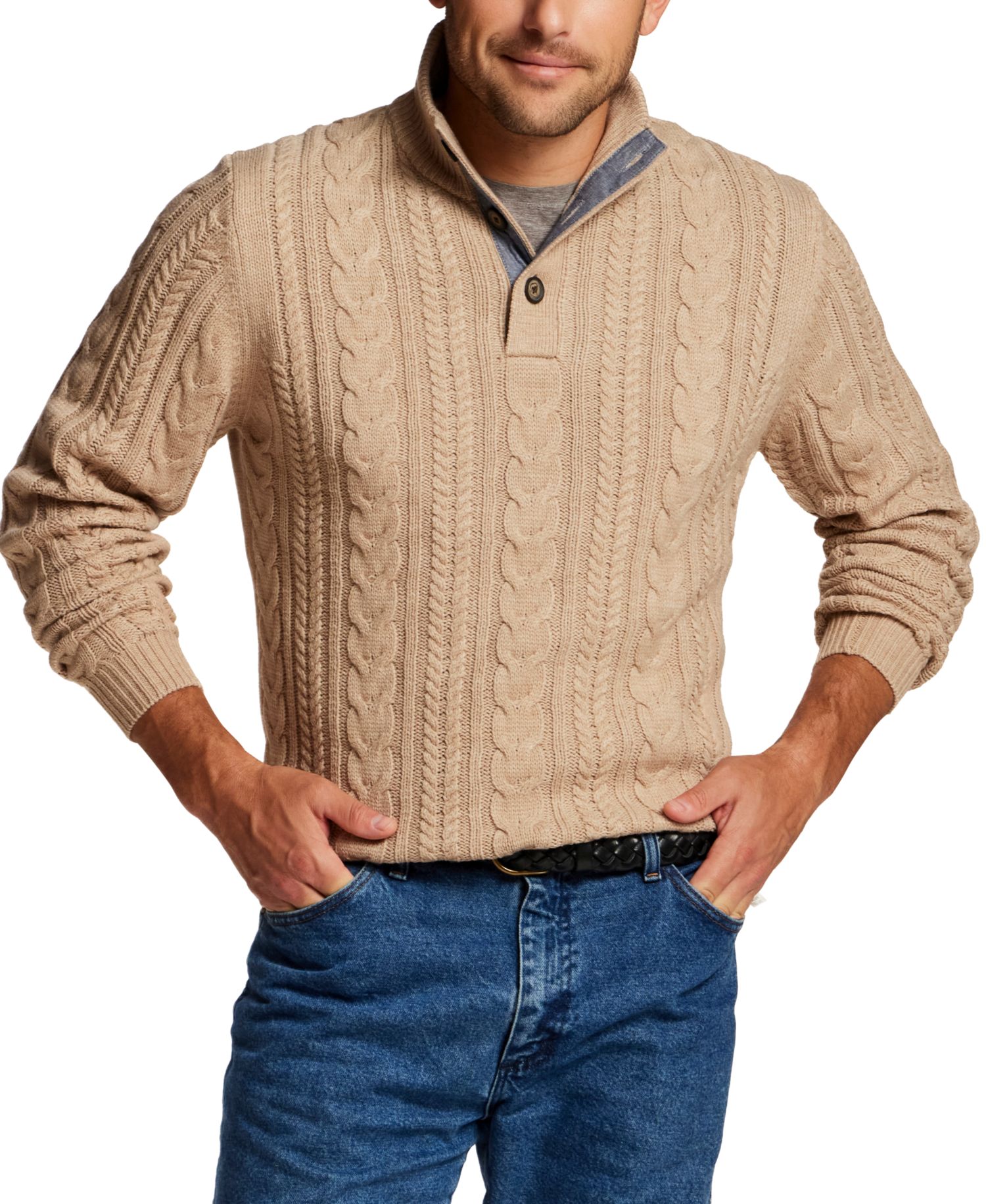 Men's Cable-Knit Mock-Neck Quarter-Button Sweater