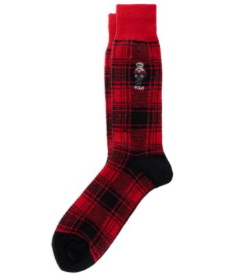 Men's Polo Bear Buffalo-Plaid Embroidered Ribbed-Cuff Wool-Blend Boot Socks