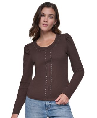 Women's Scoop Neck Long-Puff Sleeve Rhinestud Cotton-Blend Top