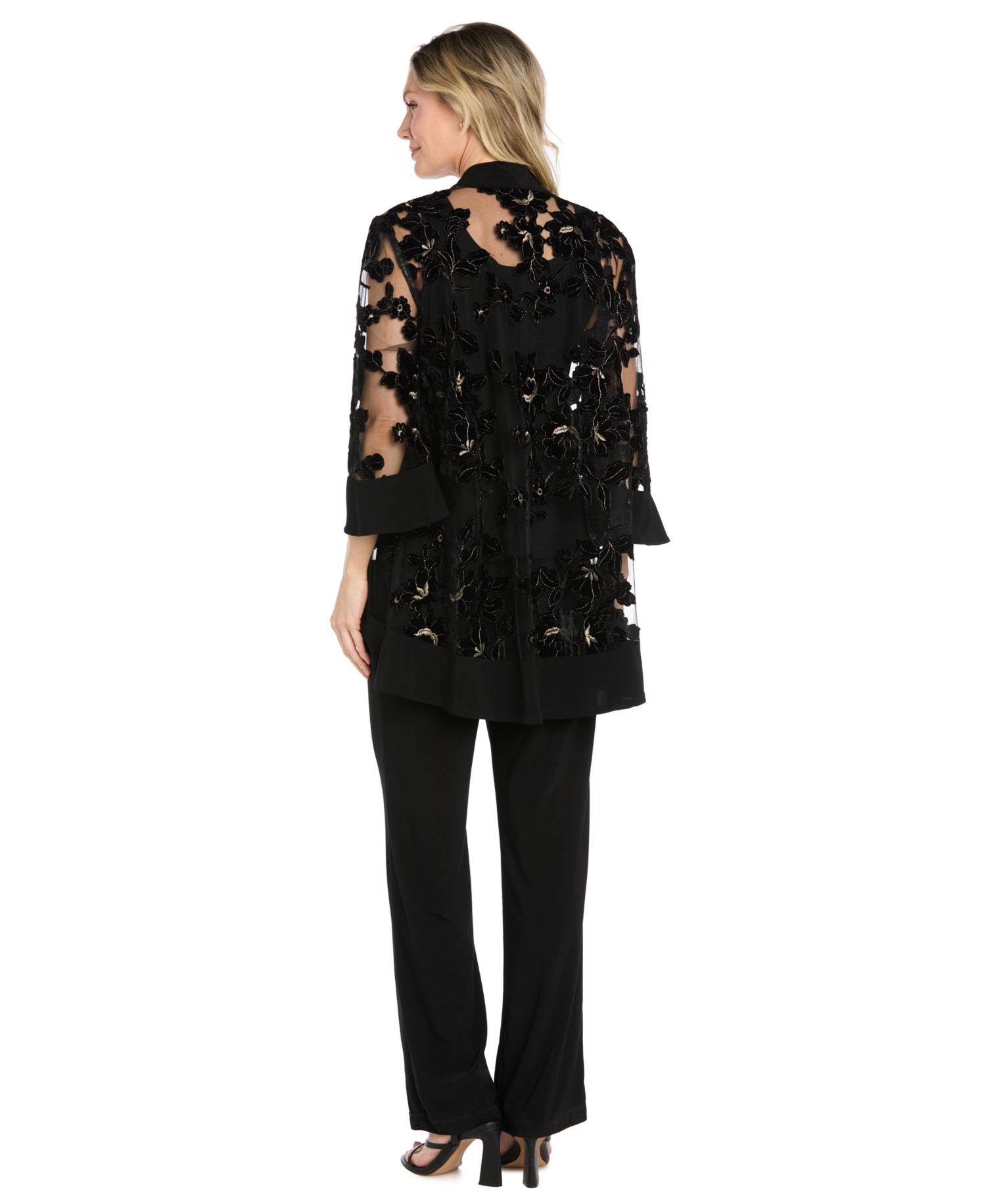 Petite Floral-Print Velvet Jacquard Burnout Jacket, Tank, and Pants, 3-Piece Set
