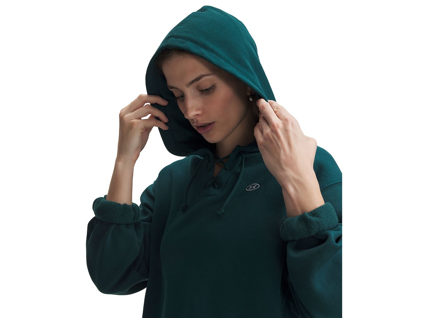 Женское худи Under Armour Rival Fleece Lace-Up Cropped, цвет: Зелёный / Белый — фото 2