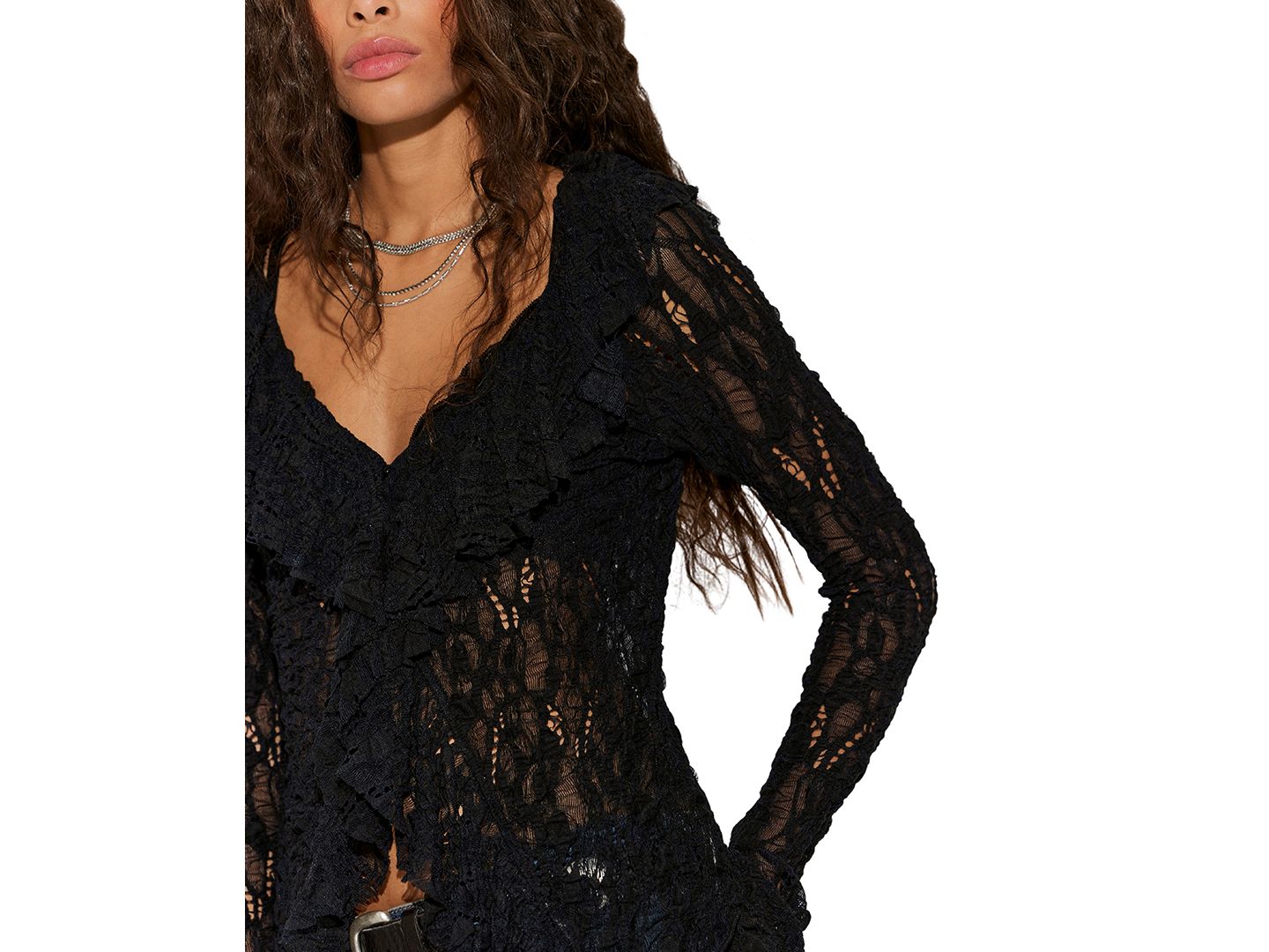 Женский кардиган Free People Laney Sheer Ruffled V-Neck, цвет: Чёрный — фото 2