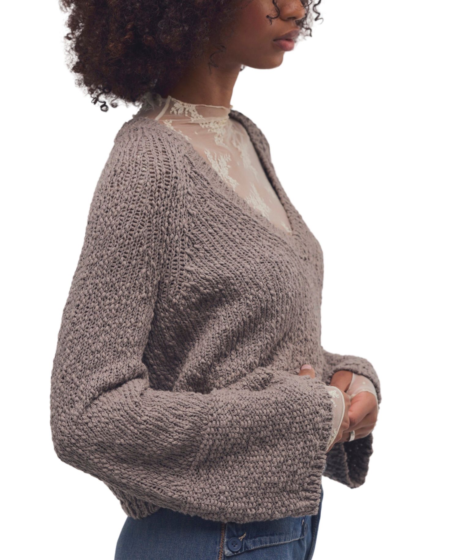 Women's Heartland Cropped Flared-Sleeve V-Neck Pullover Sweater