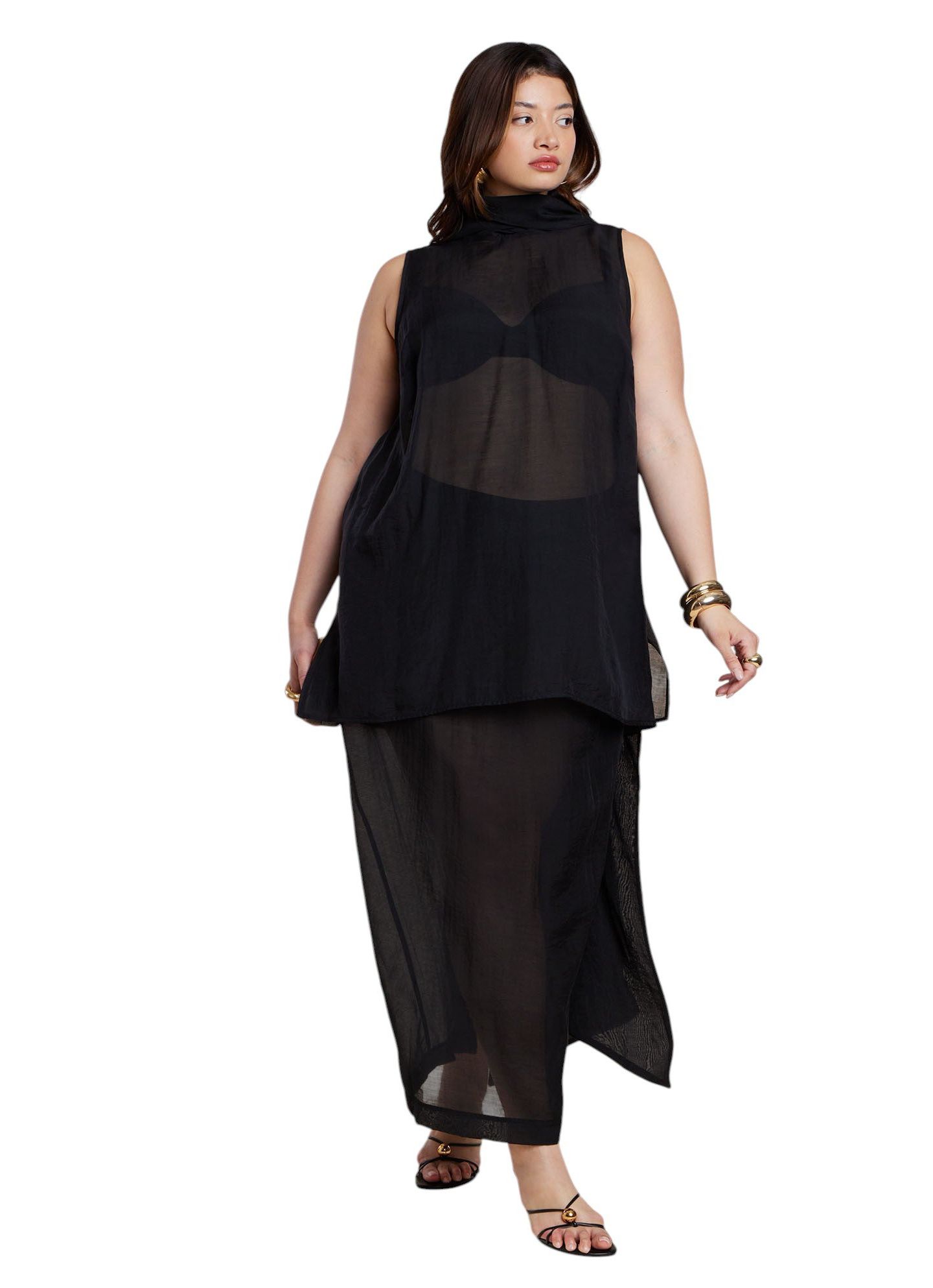 Женский топ ELOQUII Sheer Neck Tunic Top, цвет: Чёрный оникс — фото 3