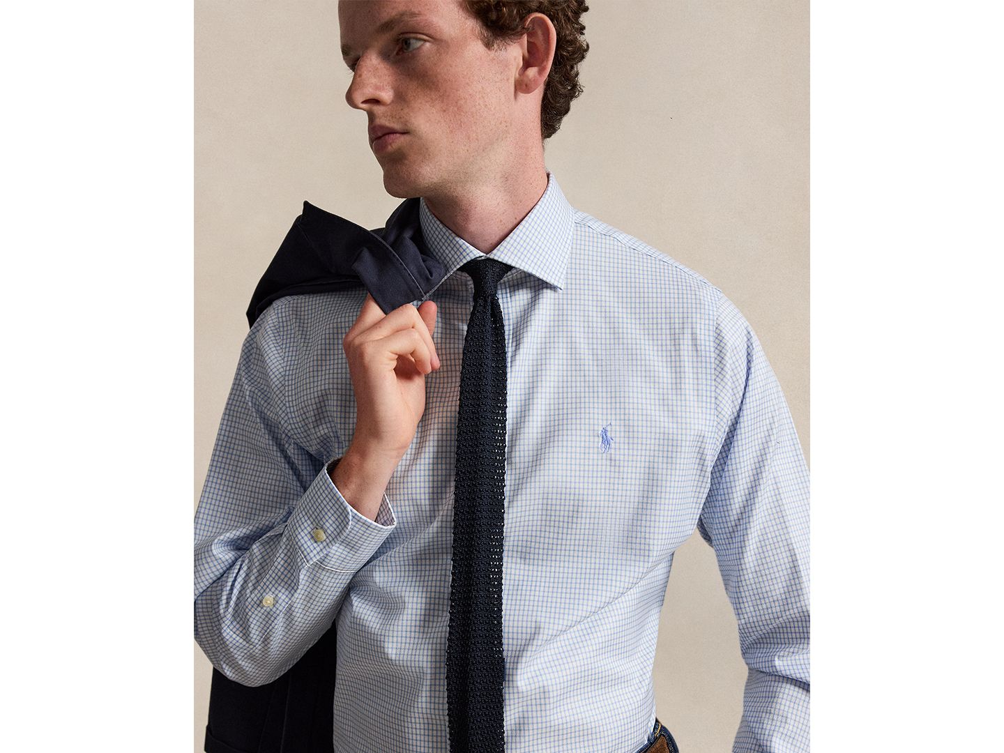 Мужская рубашка Polo Ralph Lauren Regent Checked Classic-Fit Spread-Collar Dress Shirt, цвет: Белый светлый синий — фото 3