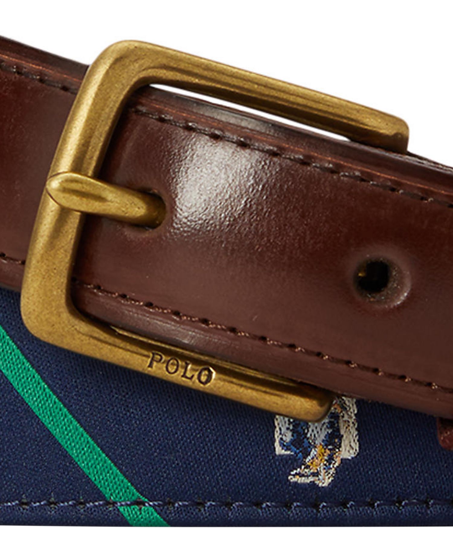 Men's Polo Bear Leather Trim Stripe Belt