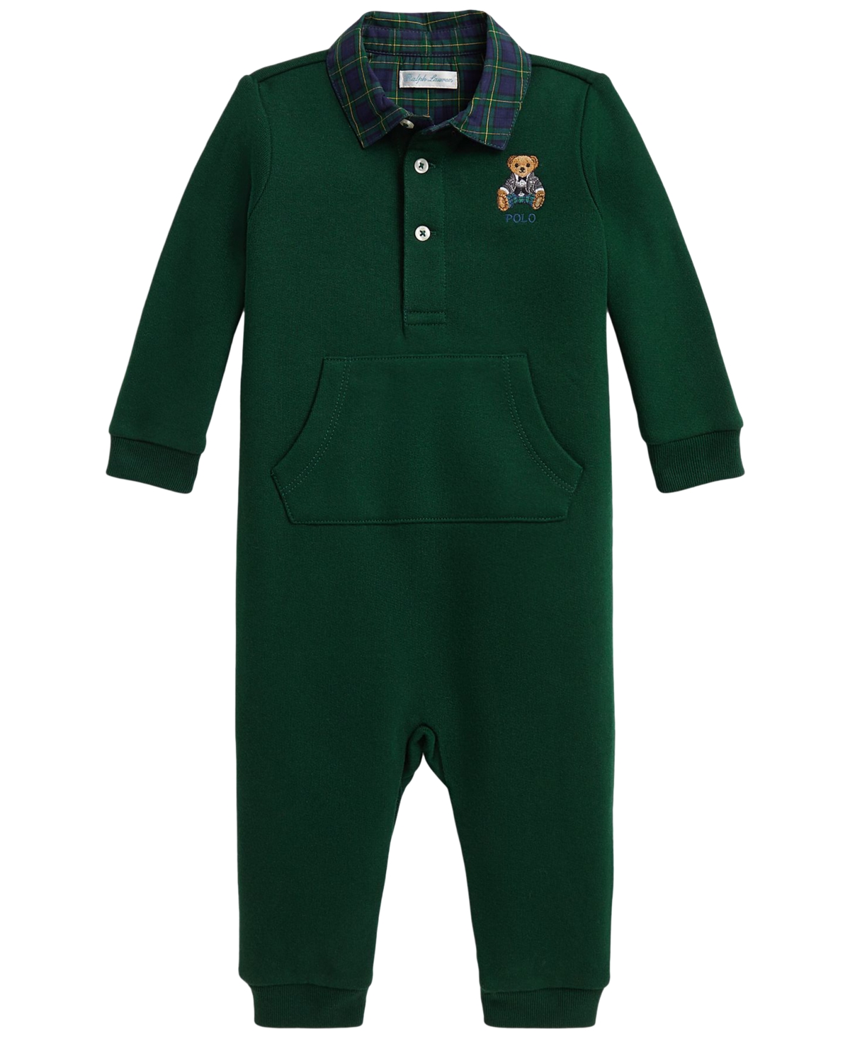 Polo Ralph Lauren Kids' Baby Boys' Polo Bear Plaid Fleece Coverall In Green