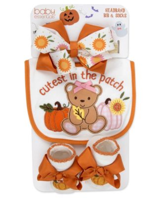 Cutest in the Patch Pumpkin Bow 3-Piece Bib, Socks and Headband Set