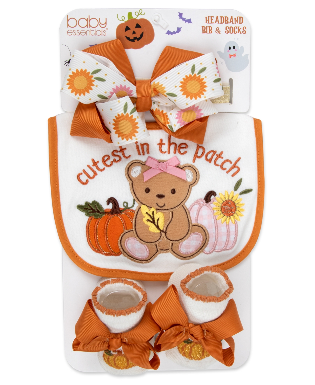 Baby Essentials Babies' Cutest In The Patch Pumpkin Bow 3-piece Bib, Socks And Headband Set In Multi