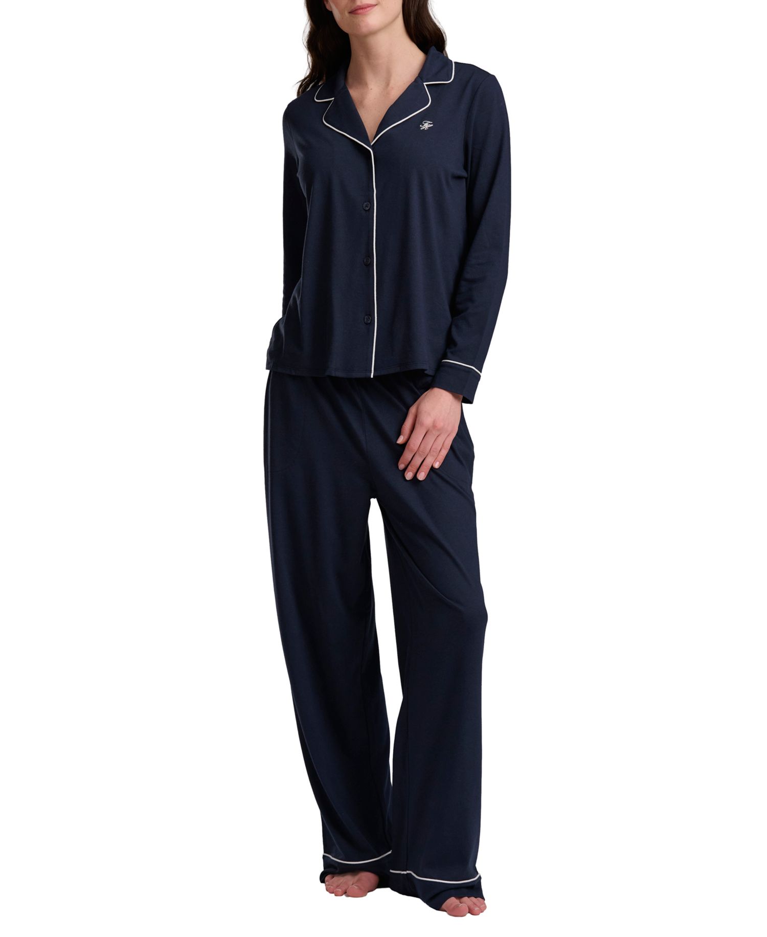 Women's Girlfriend Long-Sleeve Notch Collar Button-Up Top and Pant Pajama Set