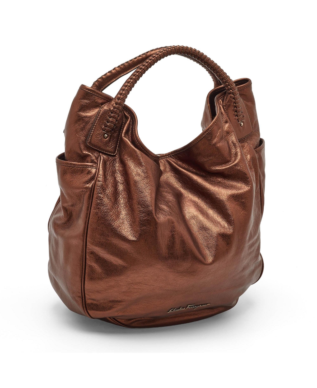Pre-Owned Salvatore Ferragamo Women's Metallic Bronze Leather Braided Handle Hobo Bag
