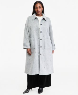 Plus Size Wool-Blend Longline Embellished Coat