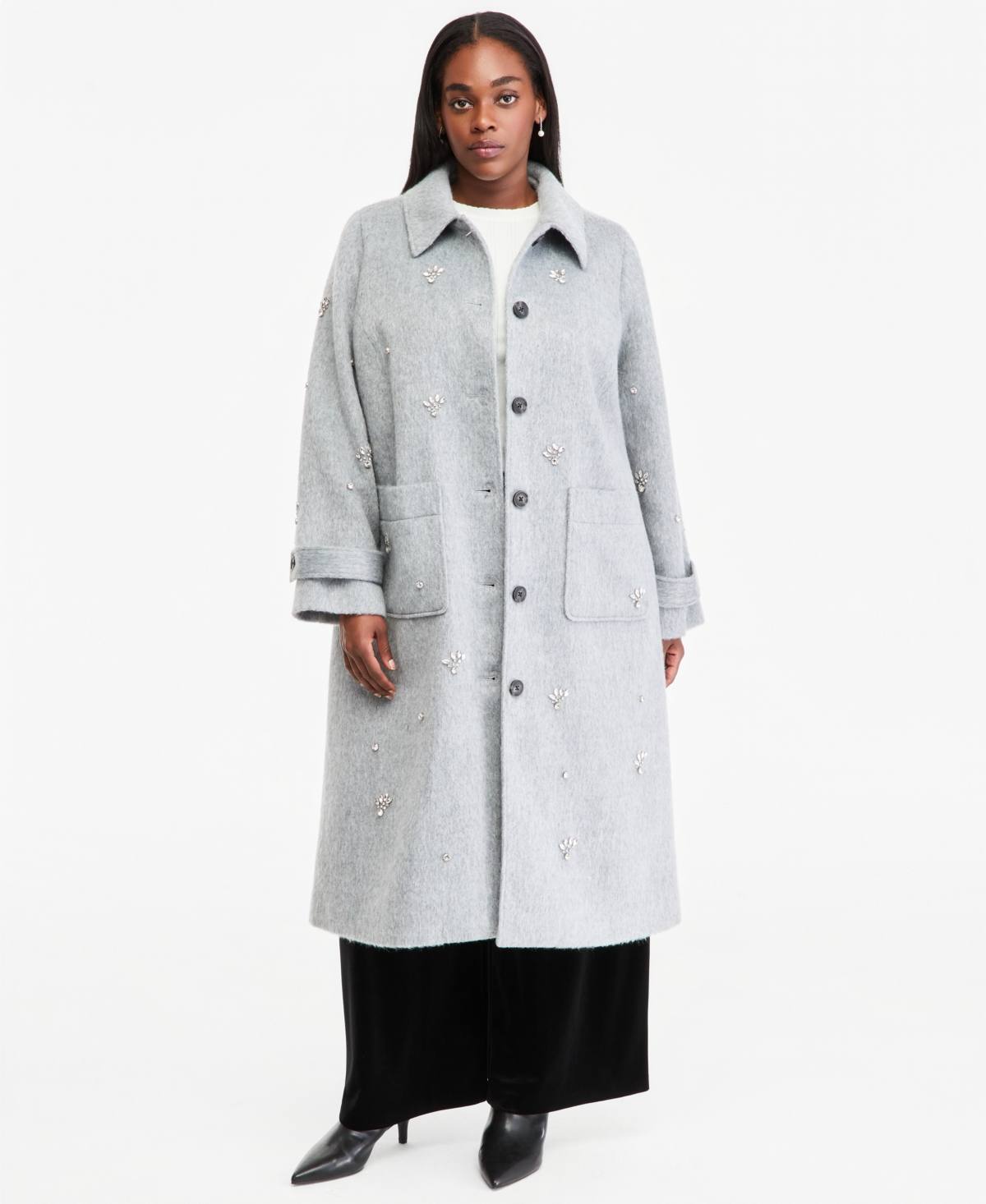 On 34th Plus Size Wool-Blend Longline Embellished Coat, Macy's Exclusive - Grey