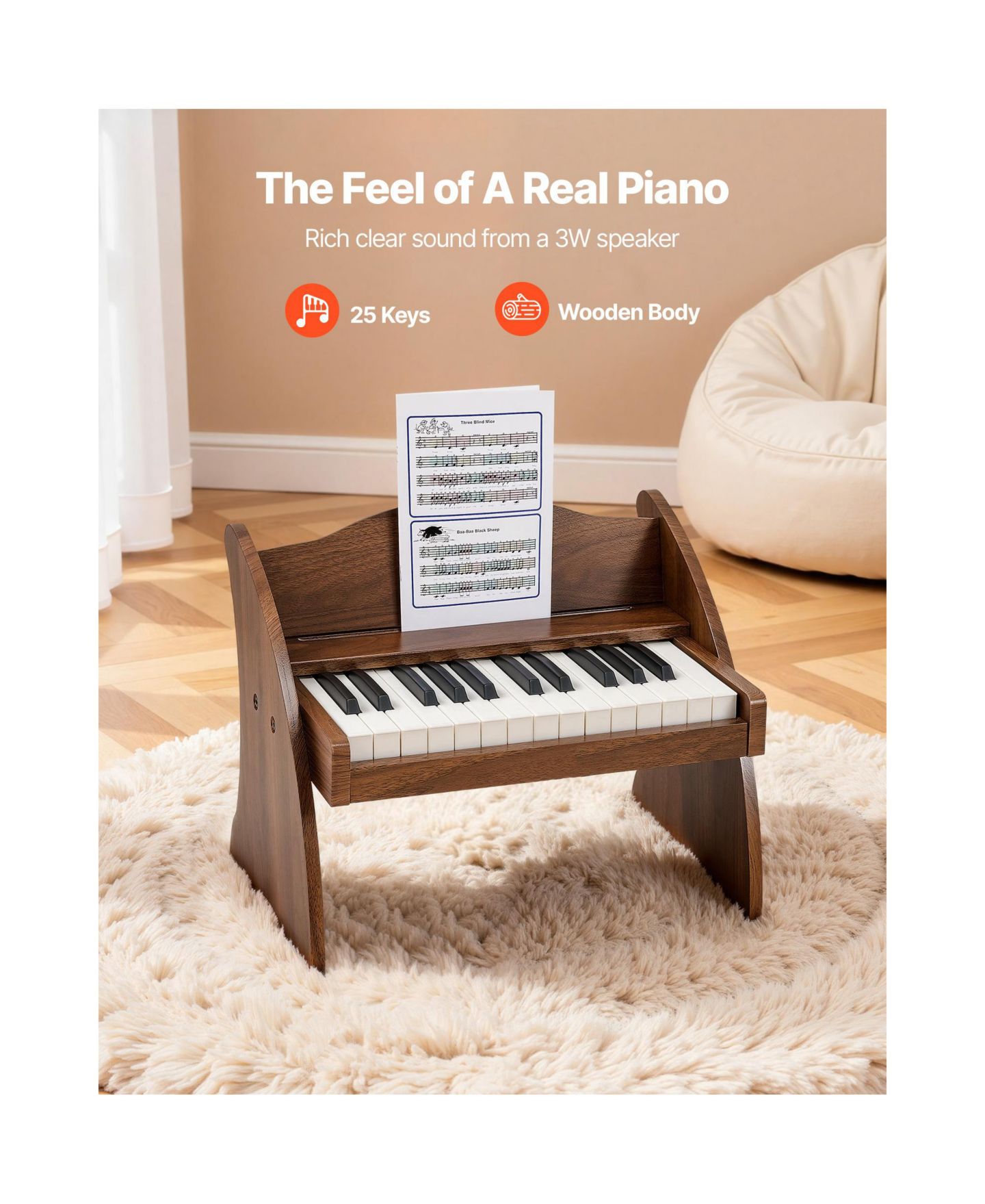 Детская игрушка SUGIFT 25-Key Wooden Dual-Power Digital Piano Keyboard, Ages 2+, цвет: Тёмный коричневый — фото 8