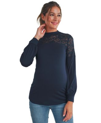 Maternity Floral-Lace Yoke Mock-Neck Long-Sleeve Top