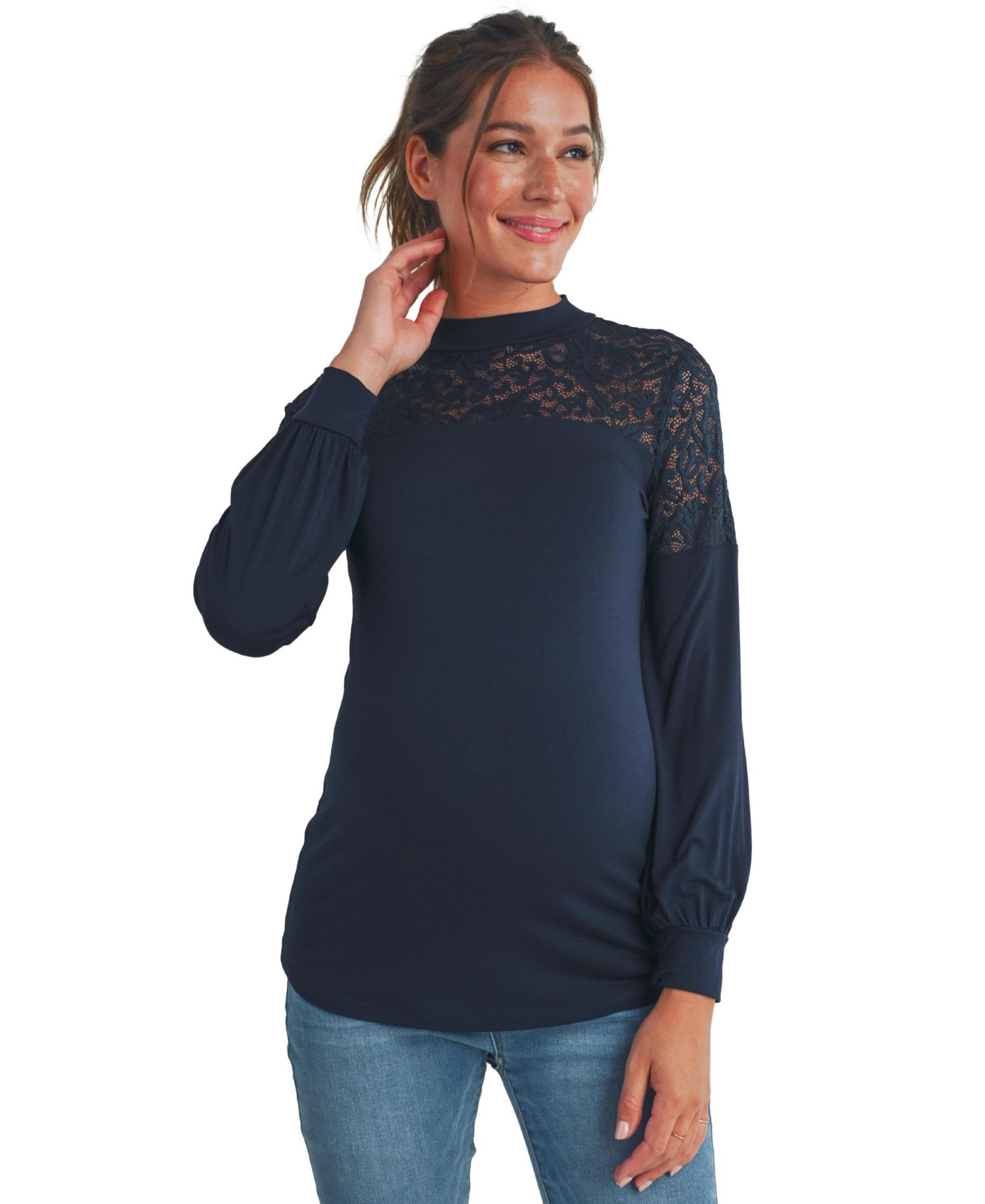 Maternity Floral-Lace Yoke Mock-Neck Long-Sleeve Top