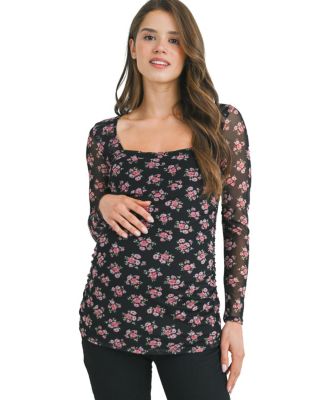 Maternity Square-Neck Floral-Mesh Top