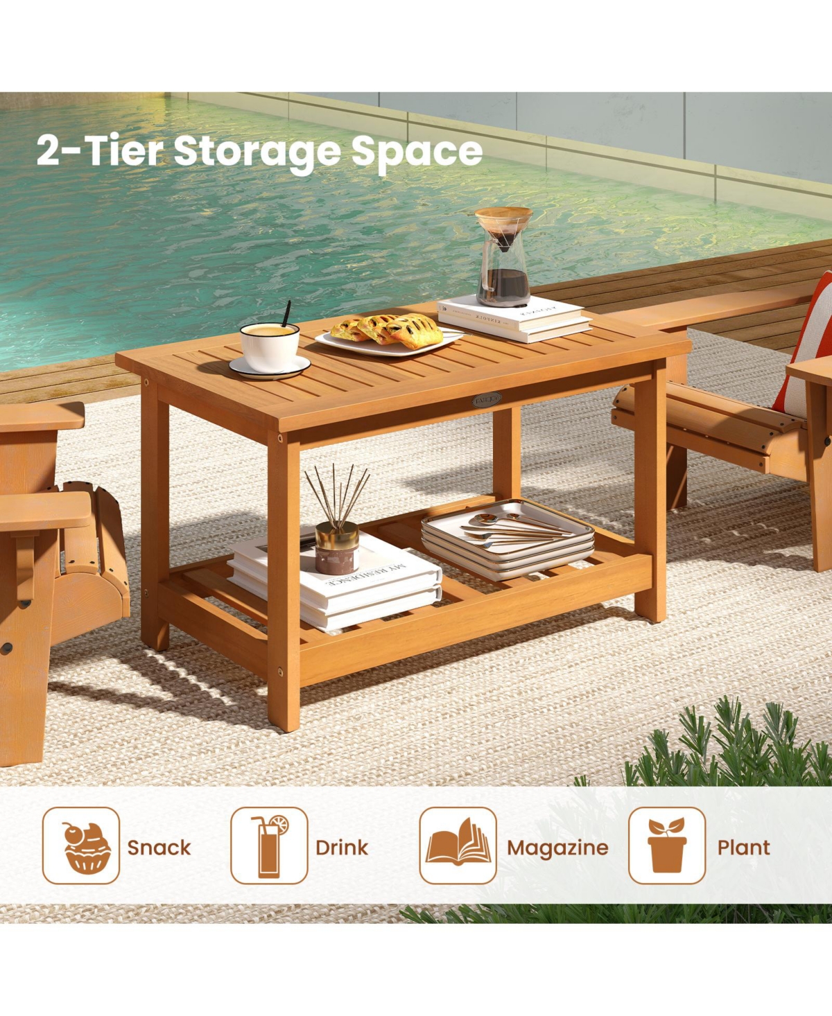 Mecale 29.5 in Acacia 2-Tier Outdoor Coffee Table with Open Shelf