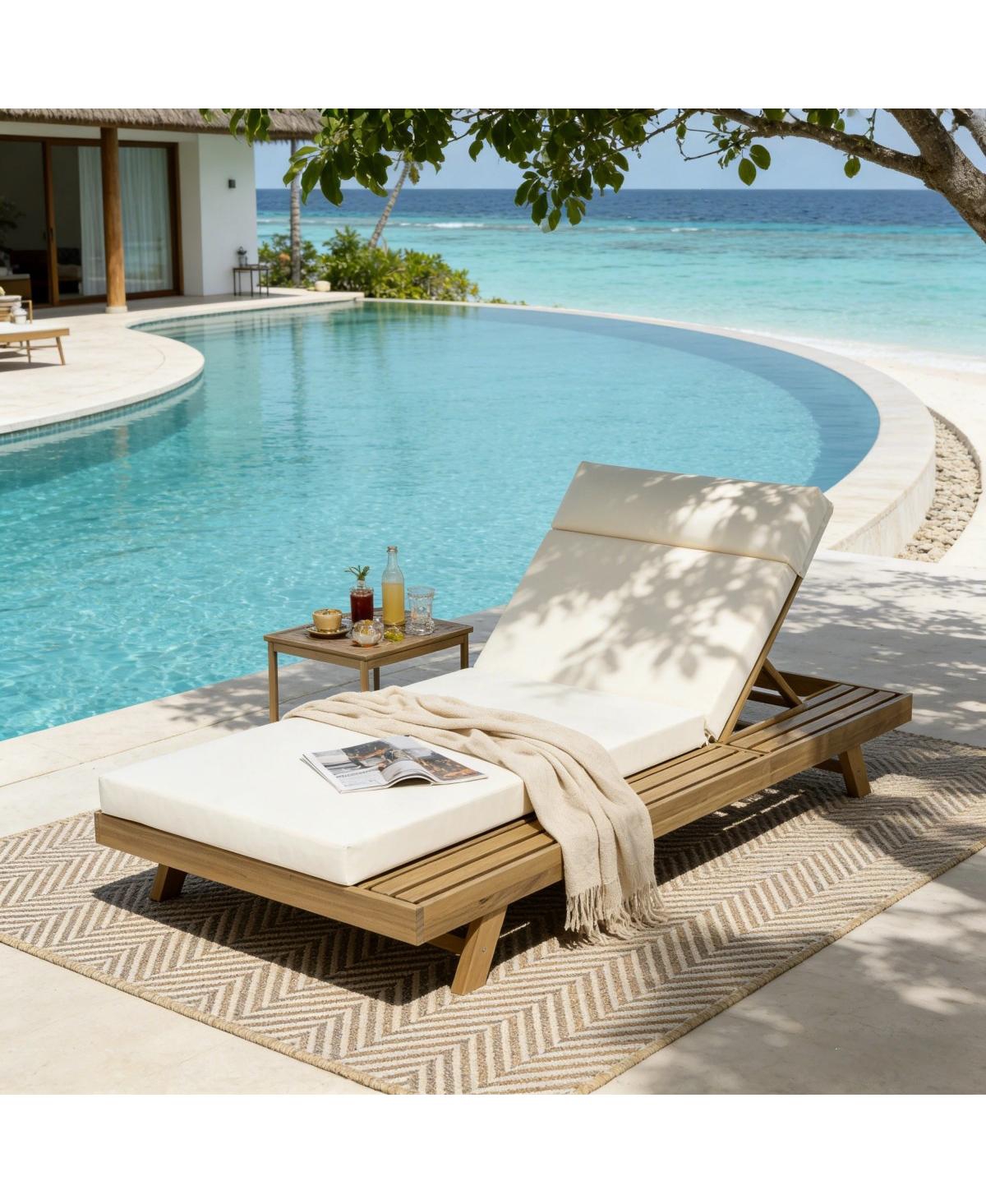 Asagikoiai Acacia Wood Outdoor Chaise Lounge with Headrest and 3-Fold Cushion