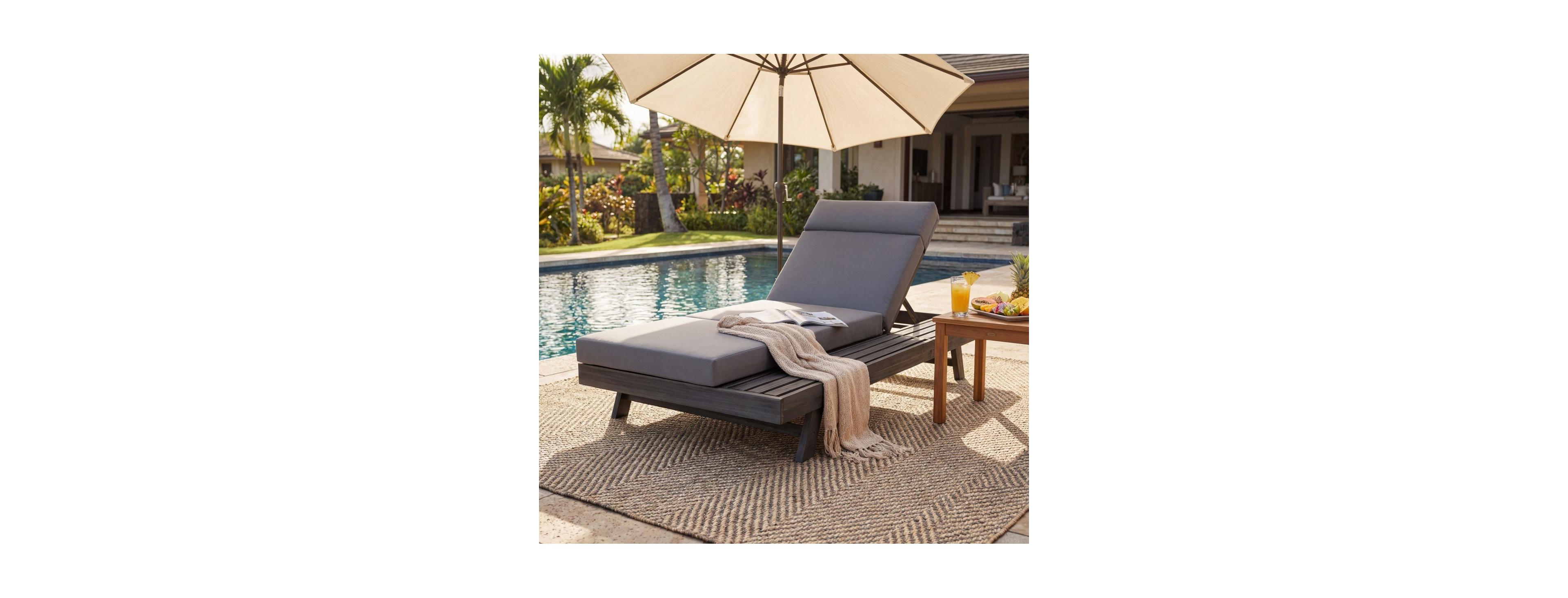 Asagikoiai Acacia Wood Outdoor Chaise Lounge with Headrest and 3-Fold Cushion